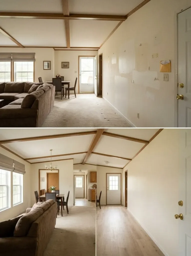 Long mobile home living-room wall before and after patch repairs and finish inconsistencies are visually unified into one calm background.