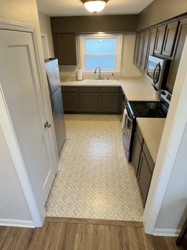 Mobile-home kitchen with a preserved patterned sheet floor contained to one clearly defined zone.