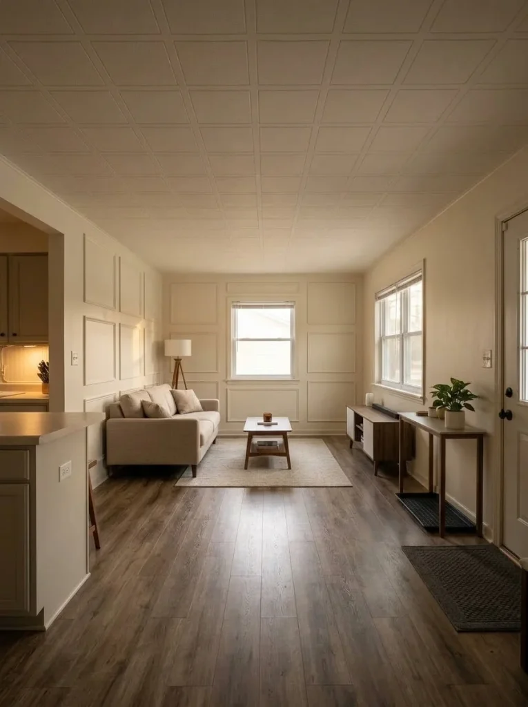 Subtle picture-frame wall trim adds affordable architectural detail to a mobile home living room focal wall.