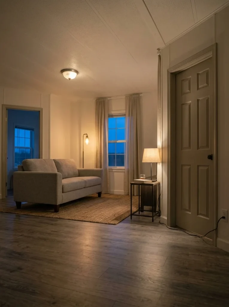 Plug-in floor and table lamps add layered evening lighting and depth to a mobile home living room.