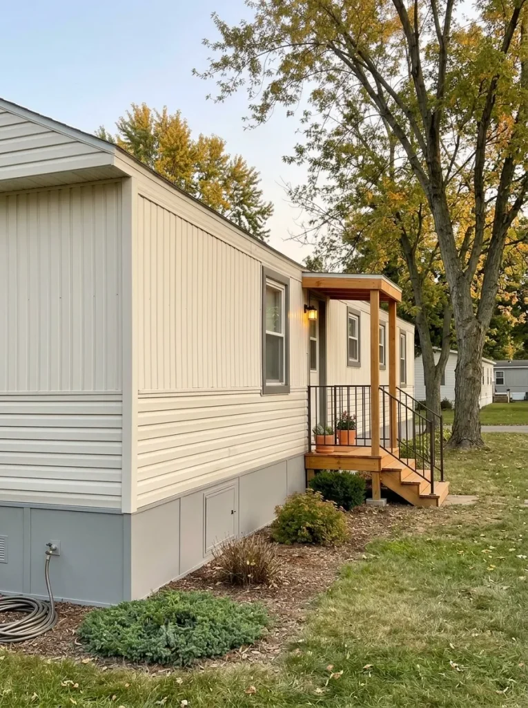 Mobile-home entrance with simple porch posts, aligned steps, and rails forming a clear arrival point.