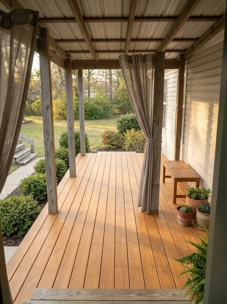 View from the mobile-home doorway across a sound existing porch with its wood floor freshly refinished.