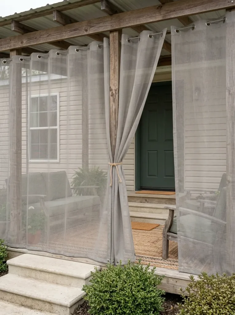 Covered mobile-home porch viewed from the yard with removable screen curtains around the seating zone and an open entry route.