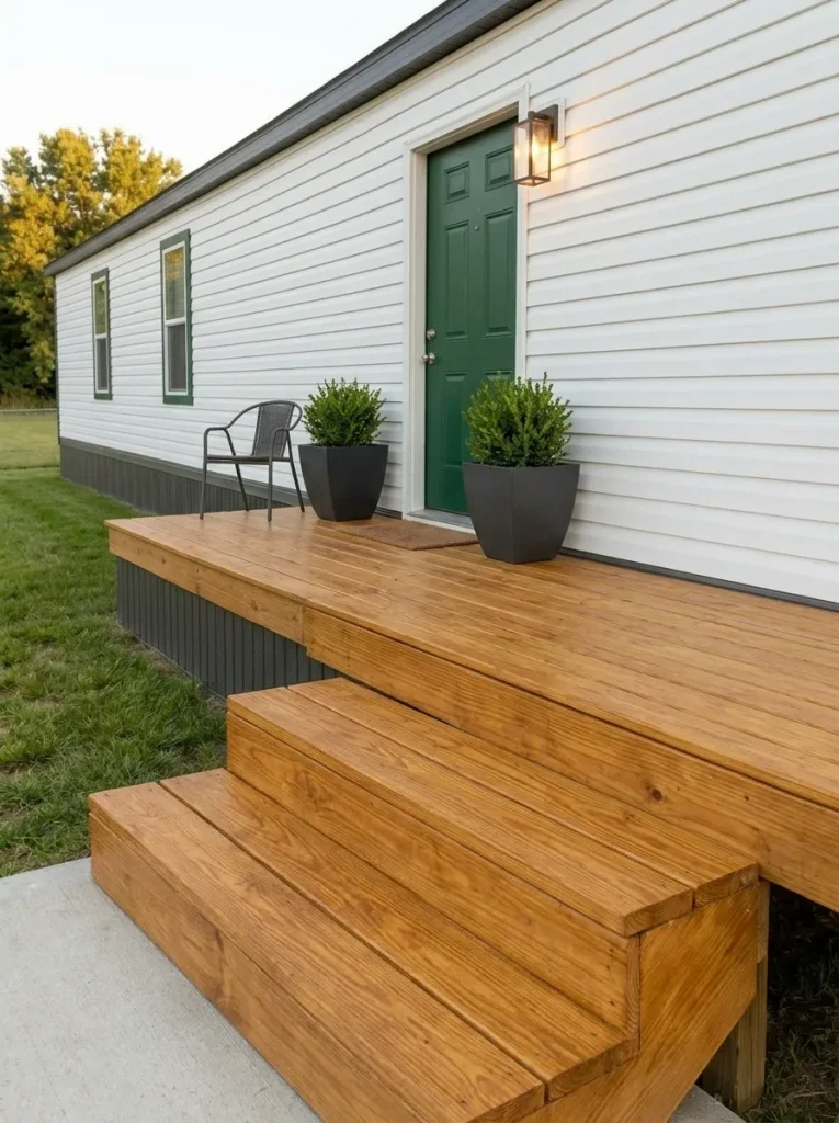 Deep sage mobile home kitchen island with an oak top grounds the existing off-white cabinetry.