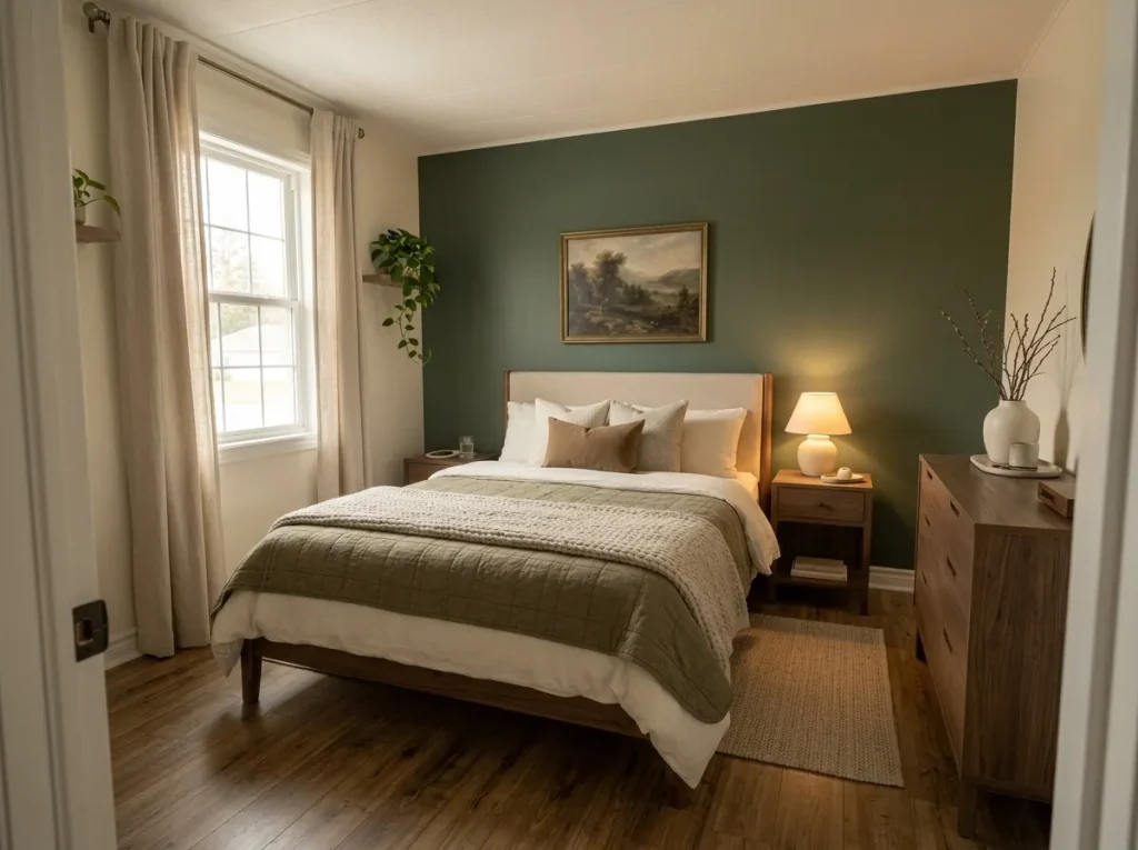 Luxurious mobile home primary bedroom with a walnut bed, neutral layered bedding, sage accents, large rug, full-length curtains, and smart compact-space styling.