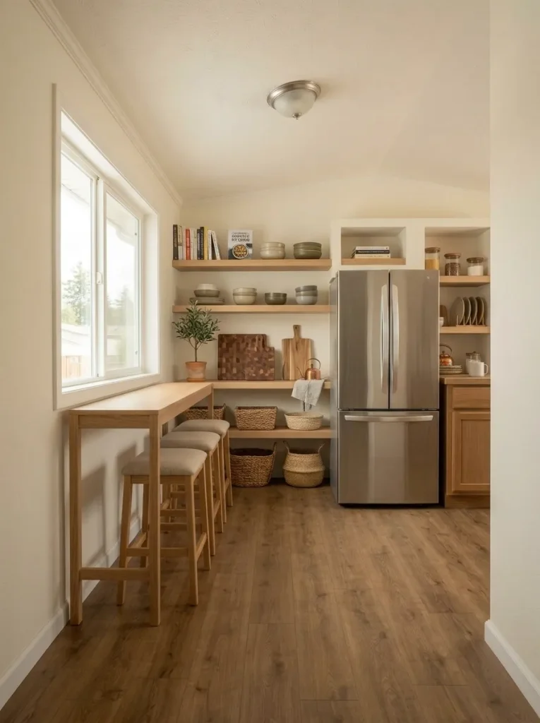 Refreshed off-white cabinets update a compact mobile home kitchen without changing its existing layout.