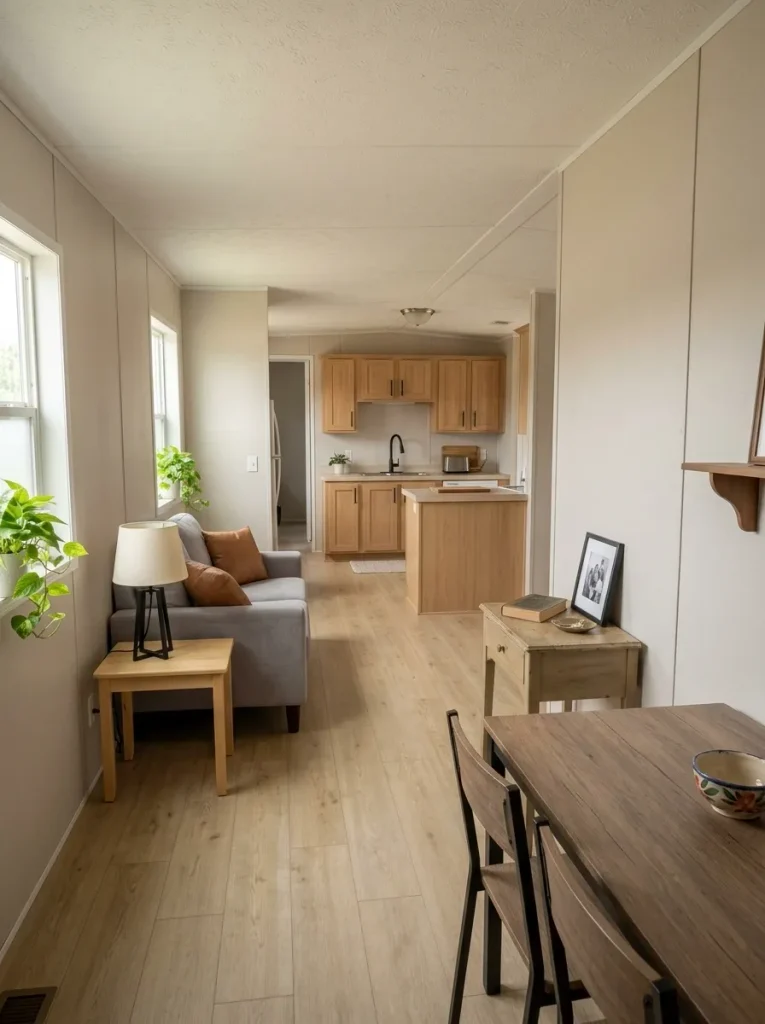 Mobile home open-plan spaces connected by small repeated matte-black finishes across living, dining and kitchen zones.