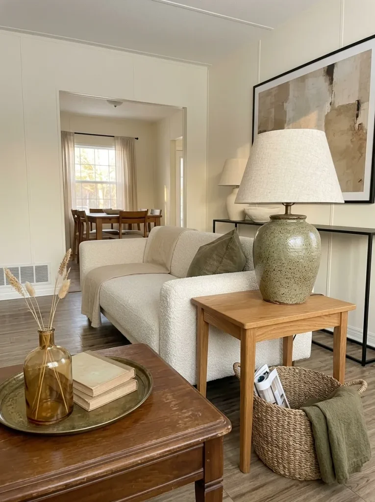 Mobile home living room styled with secondhand wood, ceramic, glass, woven fiber and metal décor.