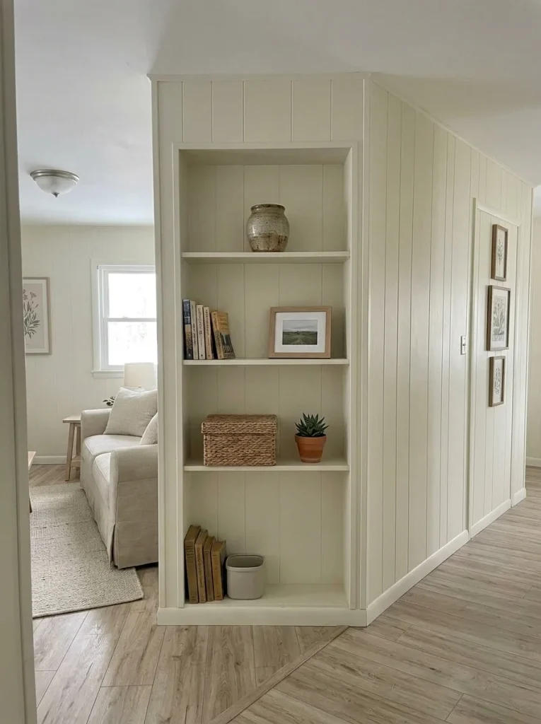 Existing mobile home shelves styled with books, baskets and decor while leaving intentional empty space between objects.