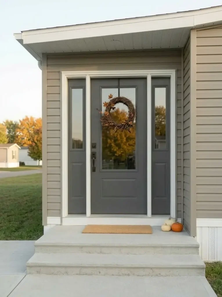 Mobile home fall front door centered between clear sidelights with one wreath and minimal threshold decor.