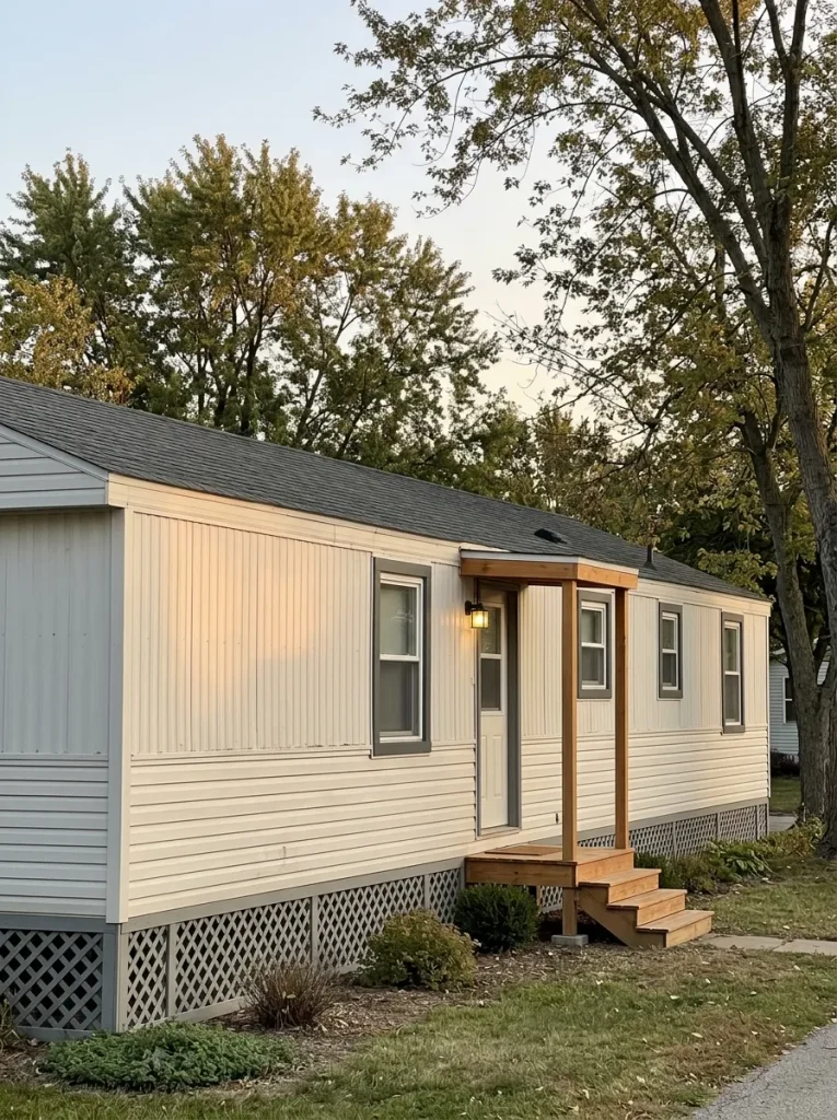 Updated single-wide exterior where warm-white siding supplies the main façade texture.