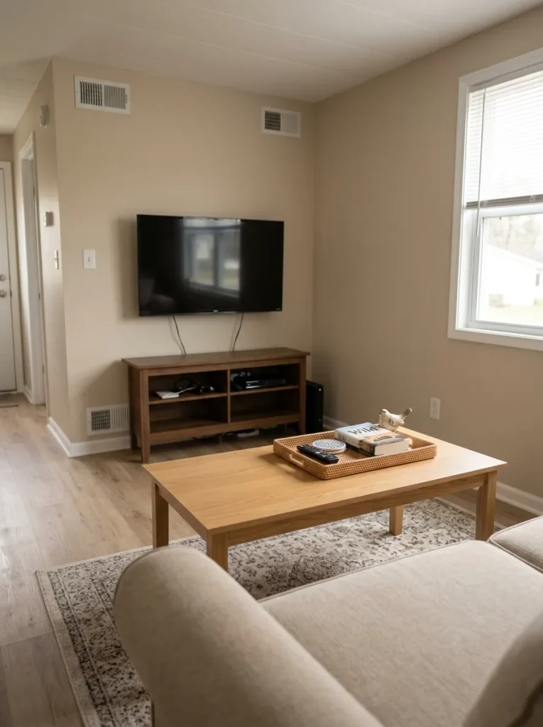 Mobile home coffee table styled with one small tray and open usable surface in a compact living room.
