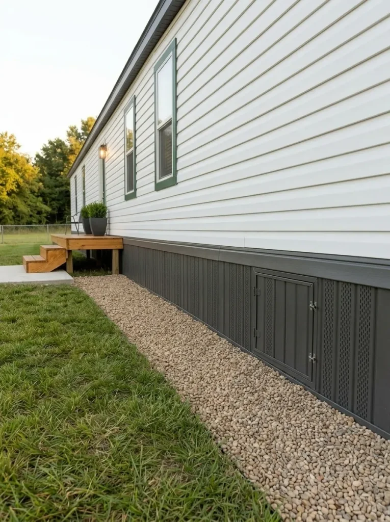 Shallow vertical shelves use the narrow wall beside a mobile home refrigerator without blocking access.