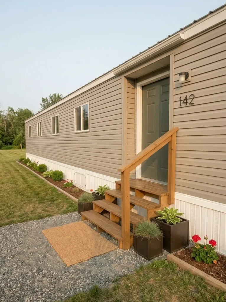 Clean mobile home skirting and a tidy ground edge improve the long exterior façade while keeping access and vents unobstructed.