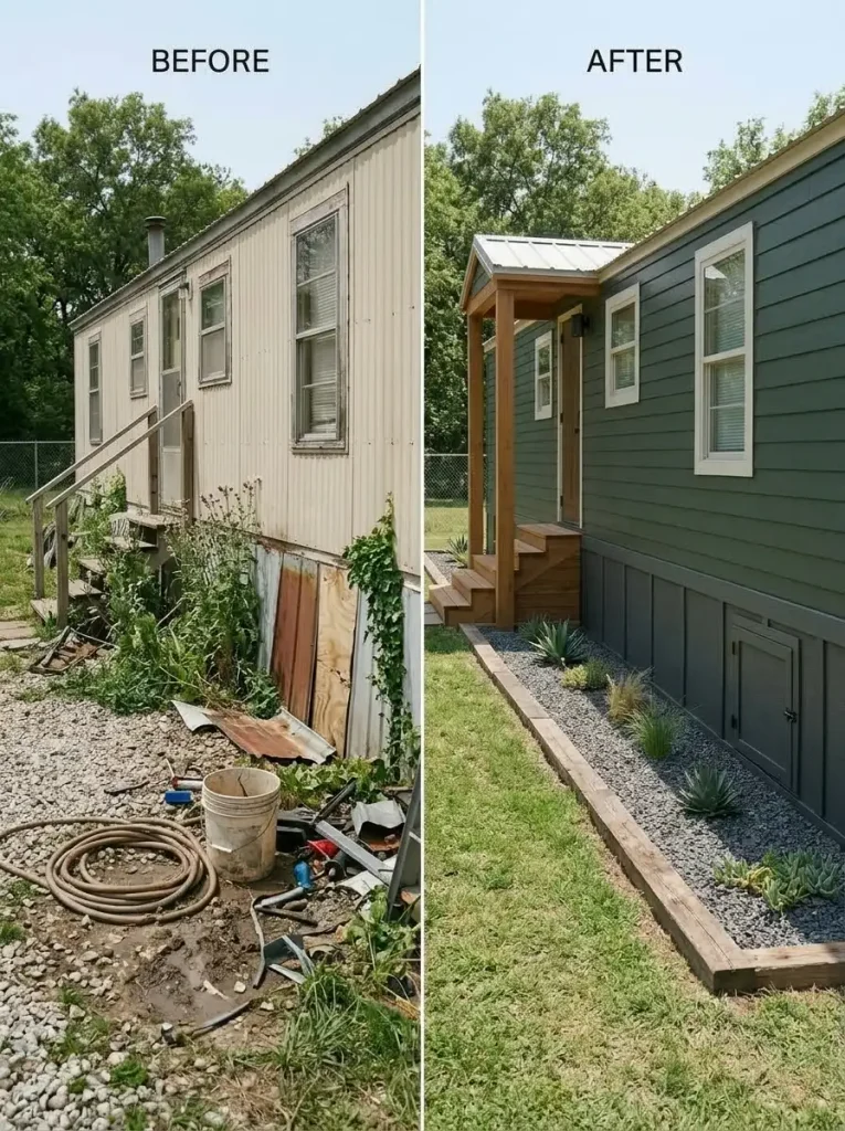 Mobile home skirting before and after repair with a cleaner base, gravel edge and restrained landscaping.