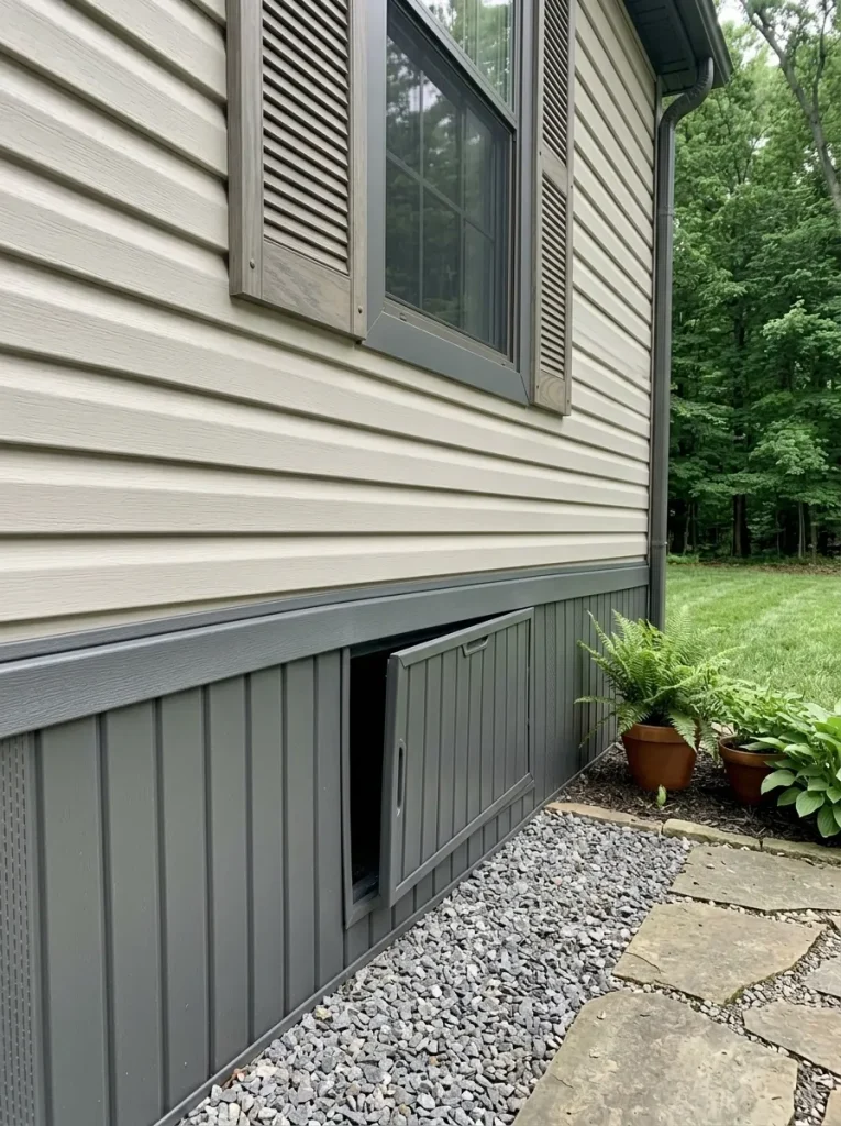 Refreshed mobile-home skirting with a clearly designed removable service-access panel along the base.