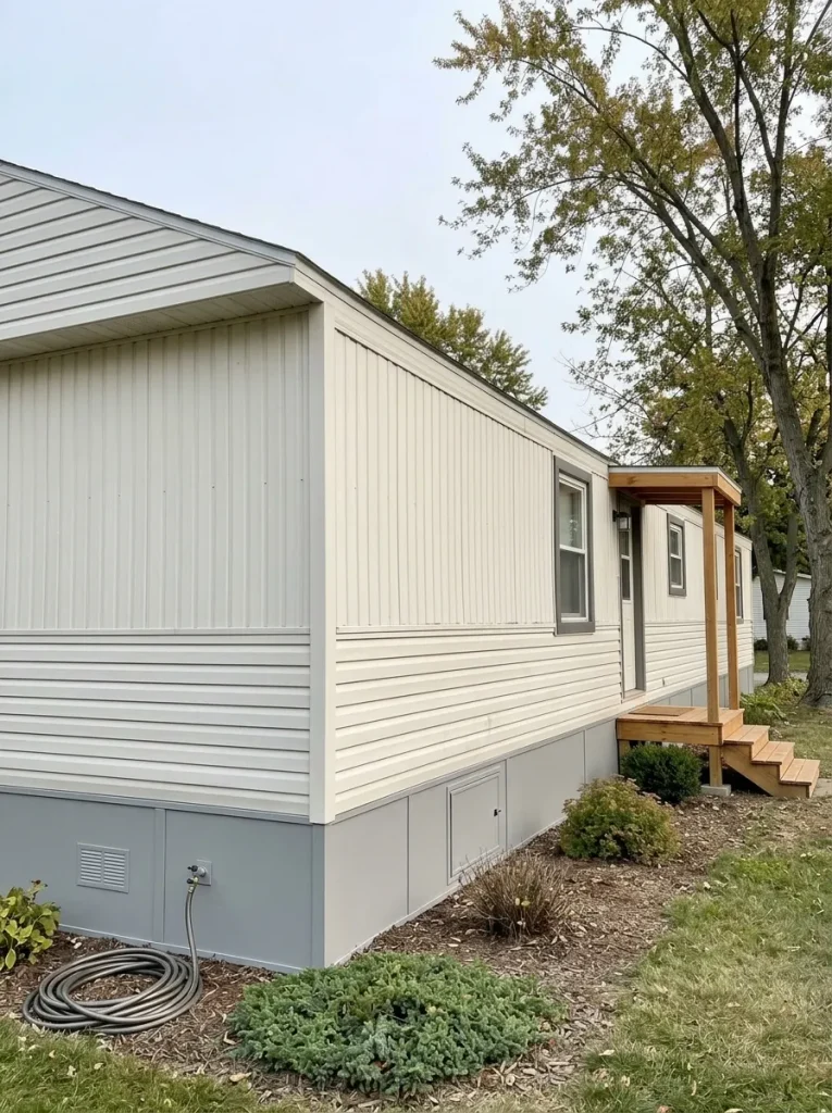 Single-wide exterior with coordinated gray skirting forming a continuous base below warm-white siding.