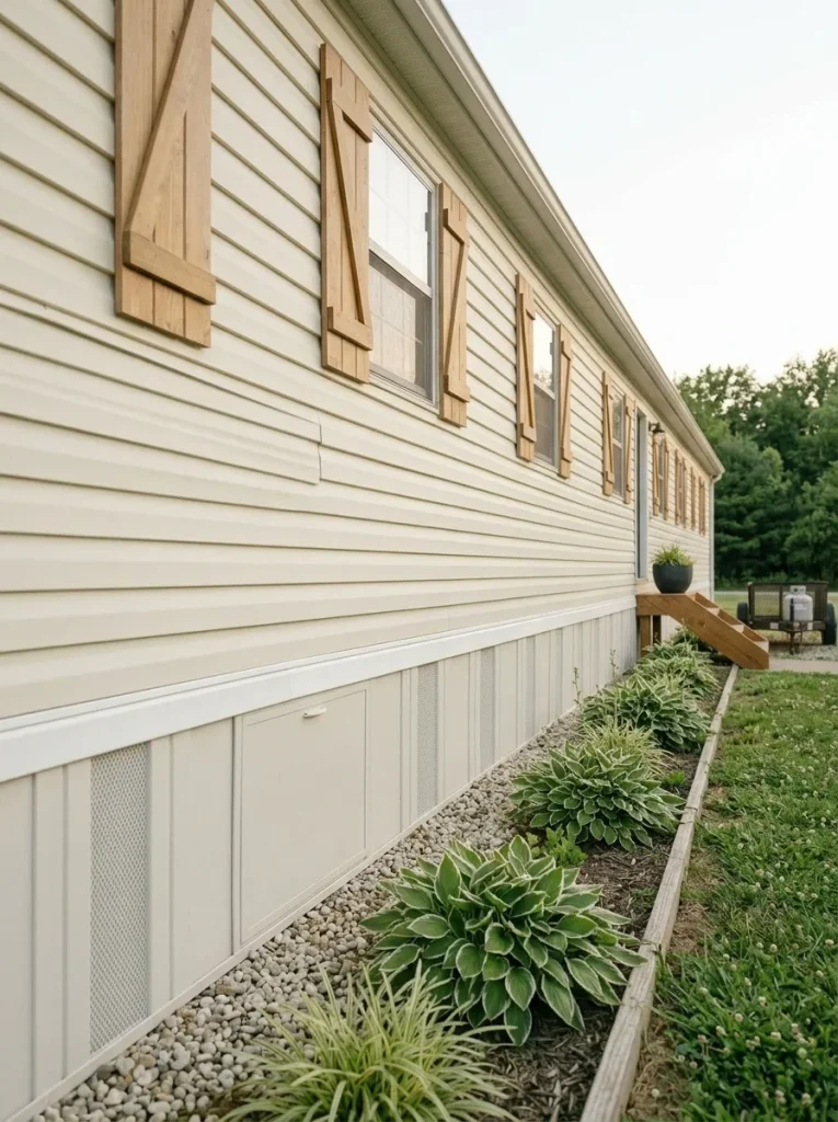 Clean continuous skirting creates a finished base beneath the siding of a mobile home.