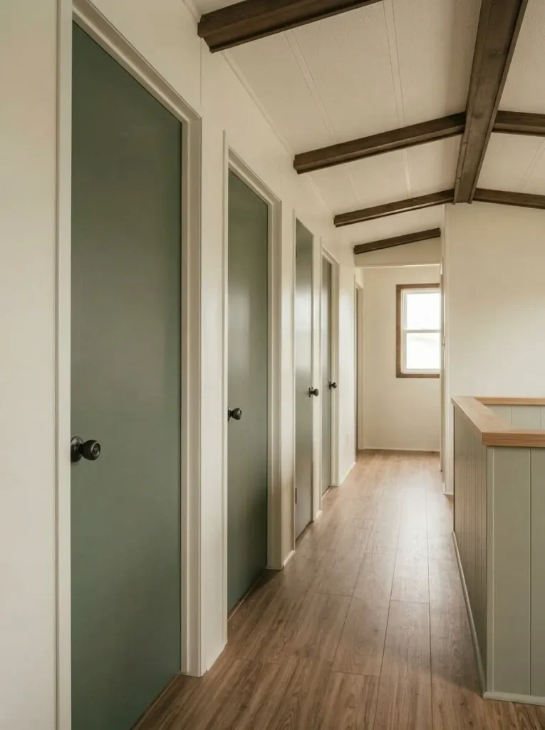 Narrow mobile-home hallway with original slab doors unified in the same sage paint color.