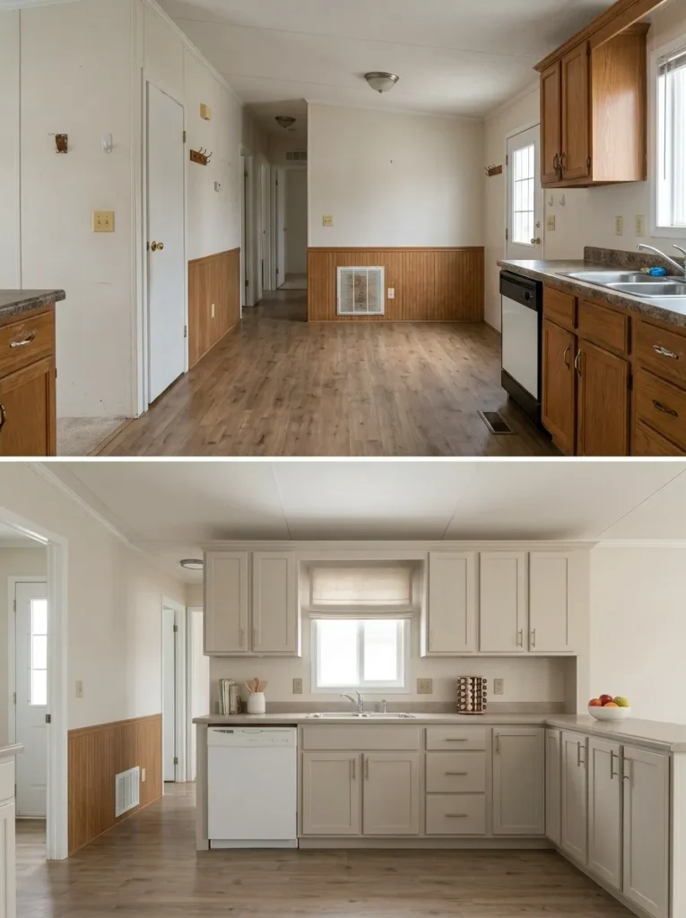 Connected mobile home rooms before and after frequently repeated small hardware and wall details are quietly coordinated.