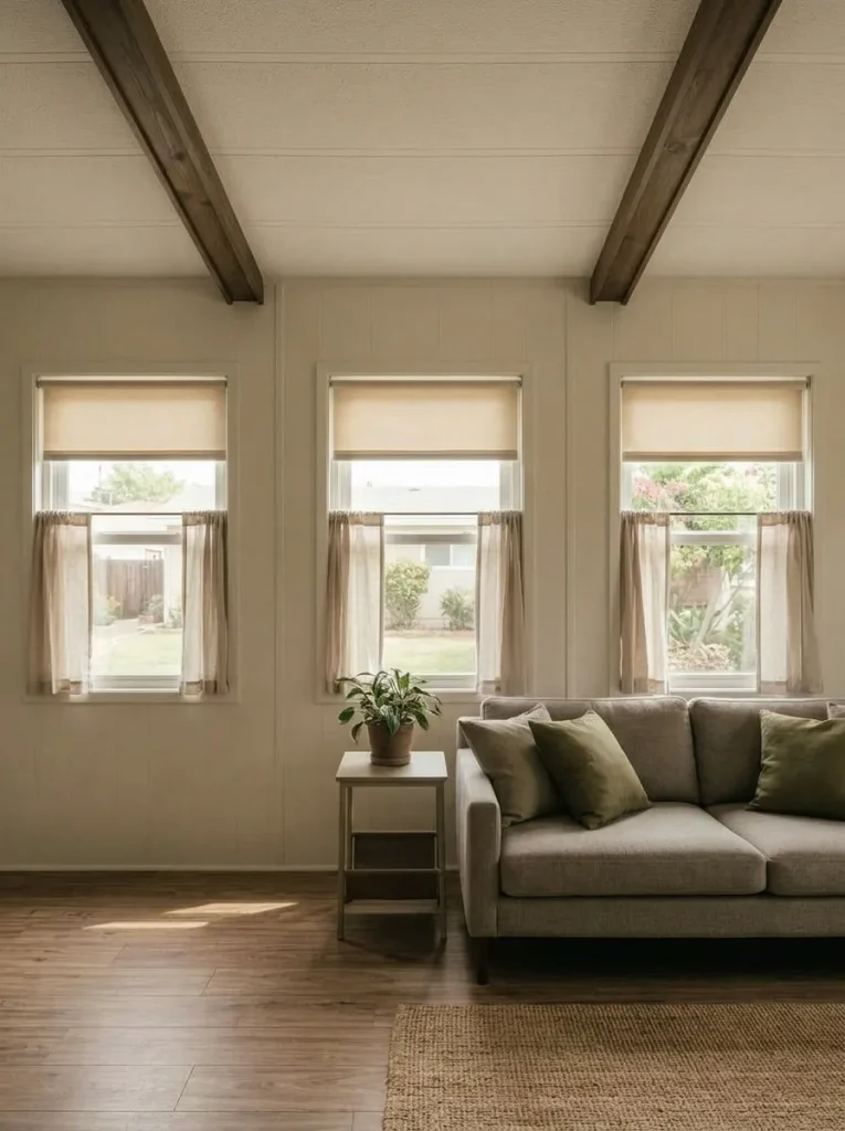 Mobile-home living room with three small windows styled consistently as a repeated visual rhythm.