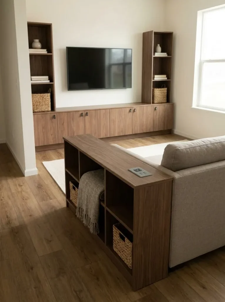 Narrow sofa-back console adds blanket storage while maintaining a usable walkway in a small mobile-home living room.