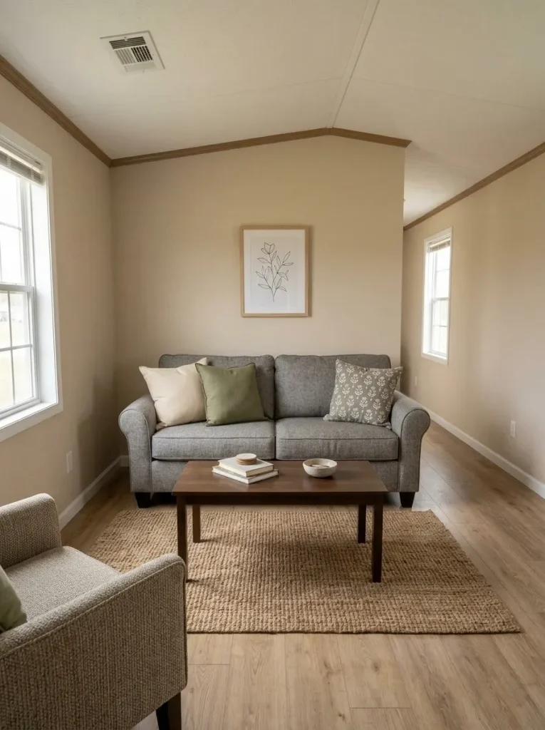 Mobile home sofa refreshed with a few coordinated pillow covers while keeping the small living room uncluttered and usable.