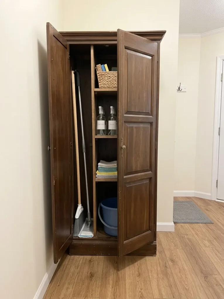 Repurposed tall armoire provides closed cleaning-supply storage in a compact manufactured-home utility area.