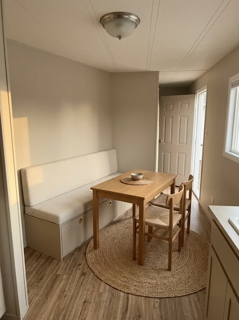Narrow storage banquette fixes one dining edge against the wall and preserves an open route through a mobile home.