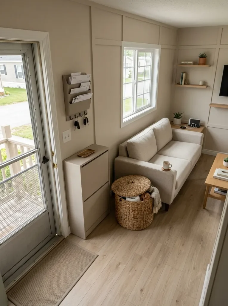 Mobile home entry and living room using practical storage near shoes, blankets, mail and everyday routines.