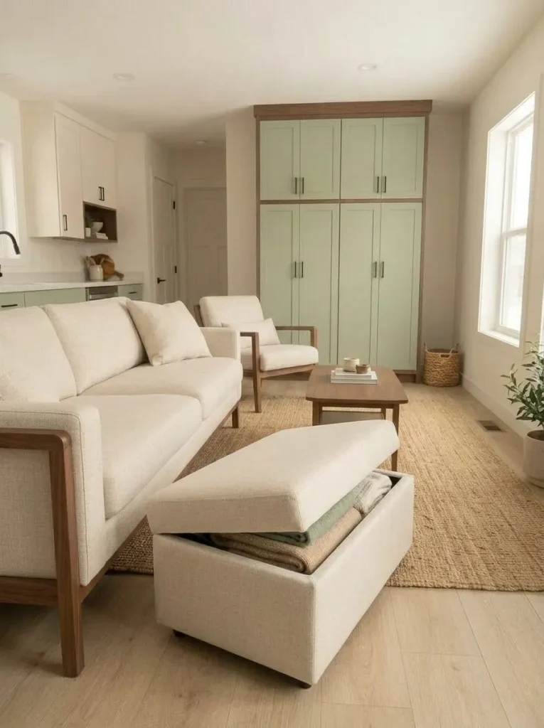 Cream storage ottoman beside the sofa holding folded blankets while preserving the walking route through a small mobile home living room.