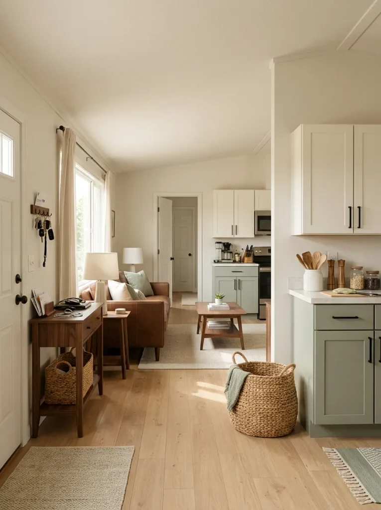 Small mobile home living and kitchen area showing floor clutter, unused vertical space and everyday items collecting near a work surface.