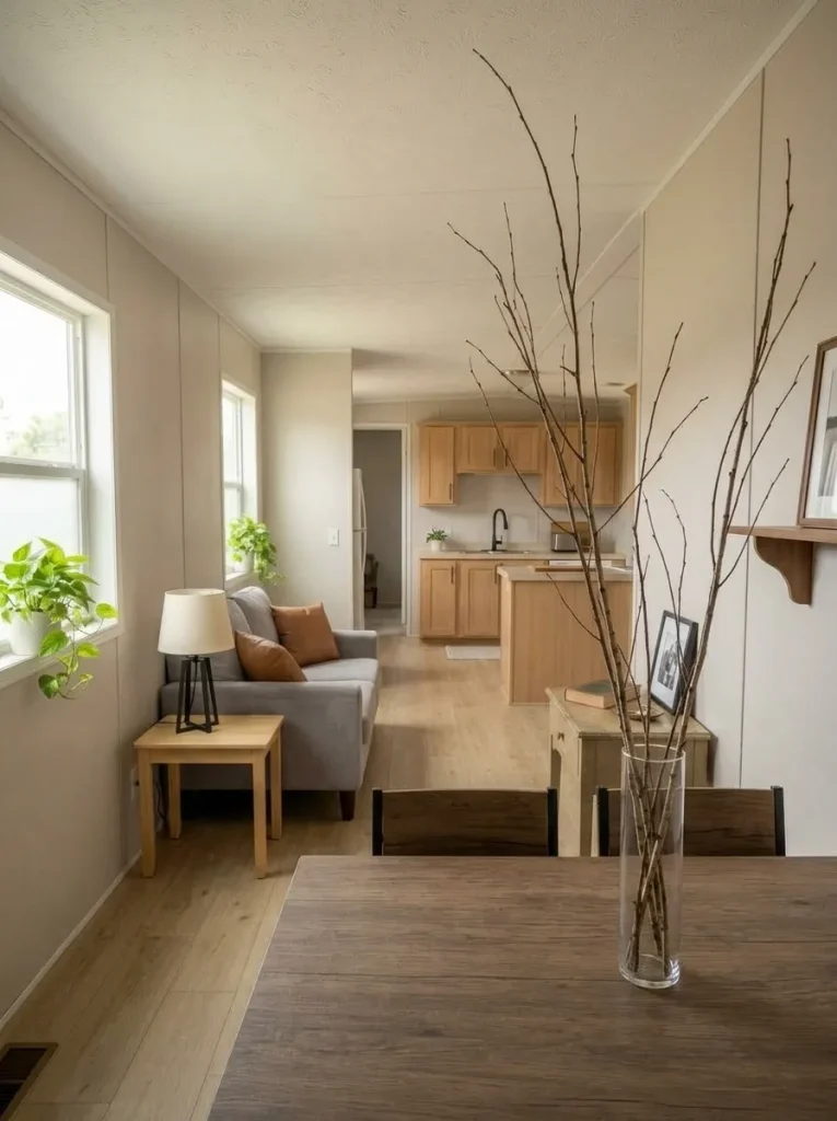 Tall branch arrangement in a narrow vessel adds vertical interest to a mobile home dining area without covering the tabletop.