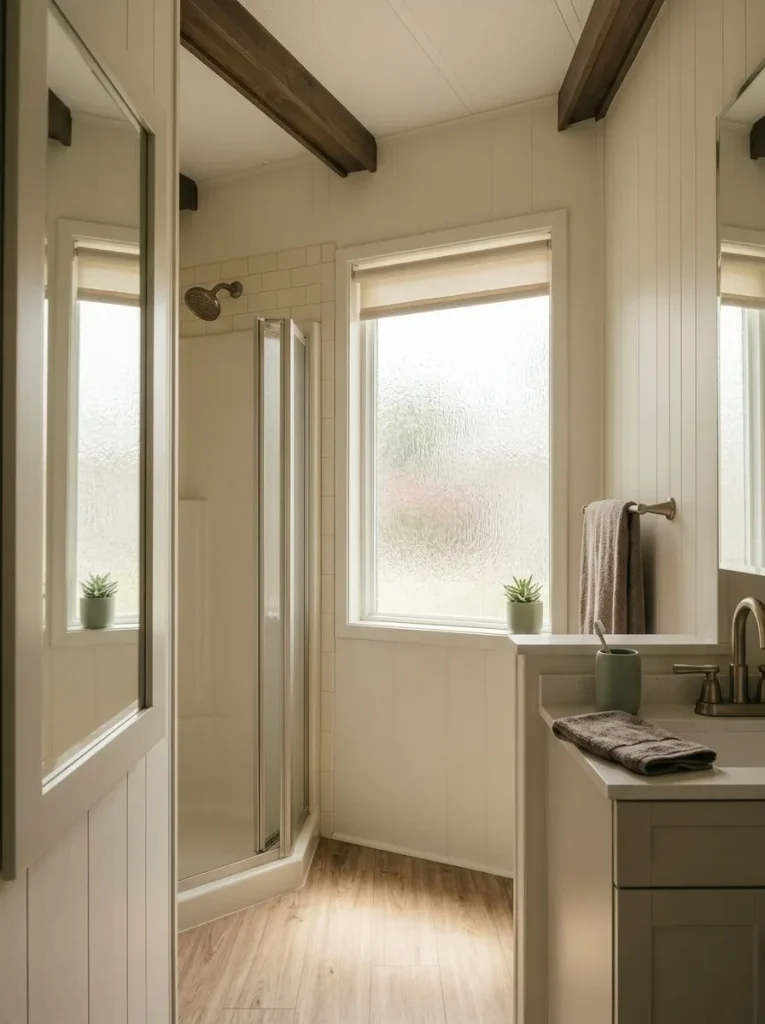 Small mobile-home bathroom with textured glass providing both privacy and soft natural light.