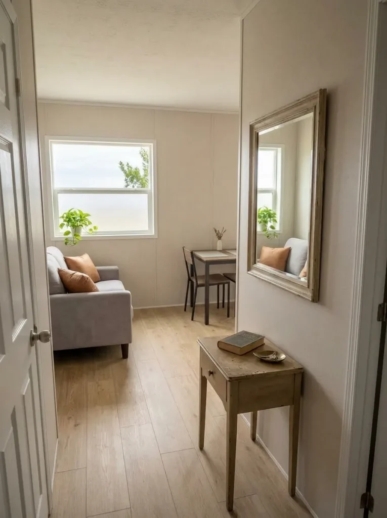 Secondhand mirror in a mobile home positioned to reflect a calm window, plant and uncluttered living area.