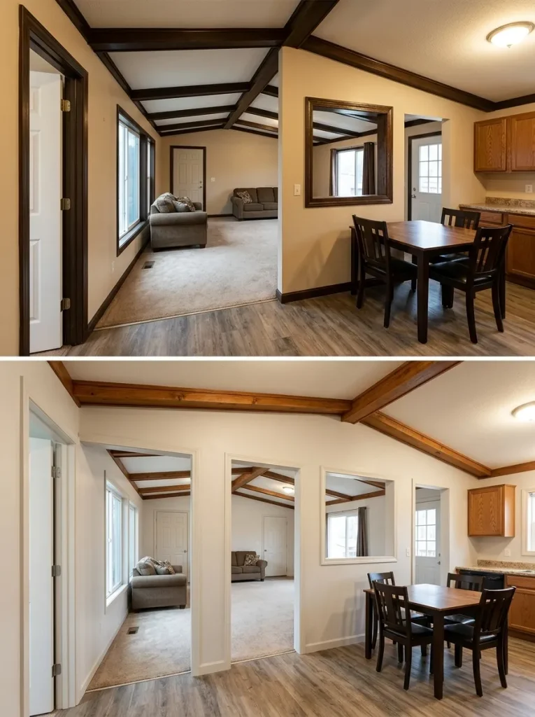 Side-angle mobile home living room before and after excess trim contrast is reduced to create fewer visual borders across the space.