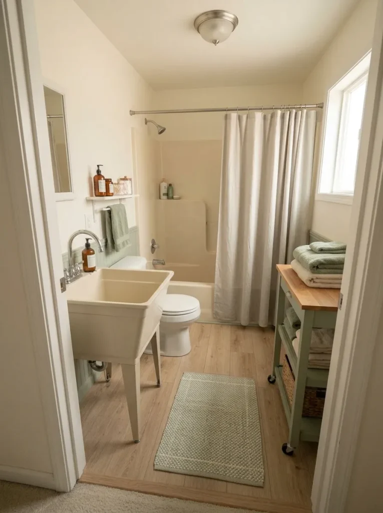 Existing mobile home tub looks fresher with a light shower curtain, tidy storage and coordinated bathroom finishes.
