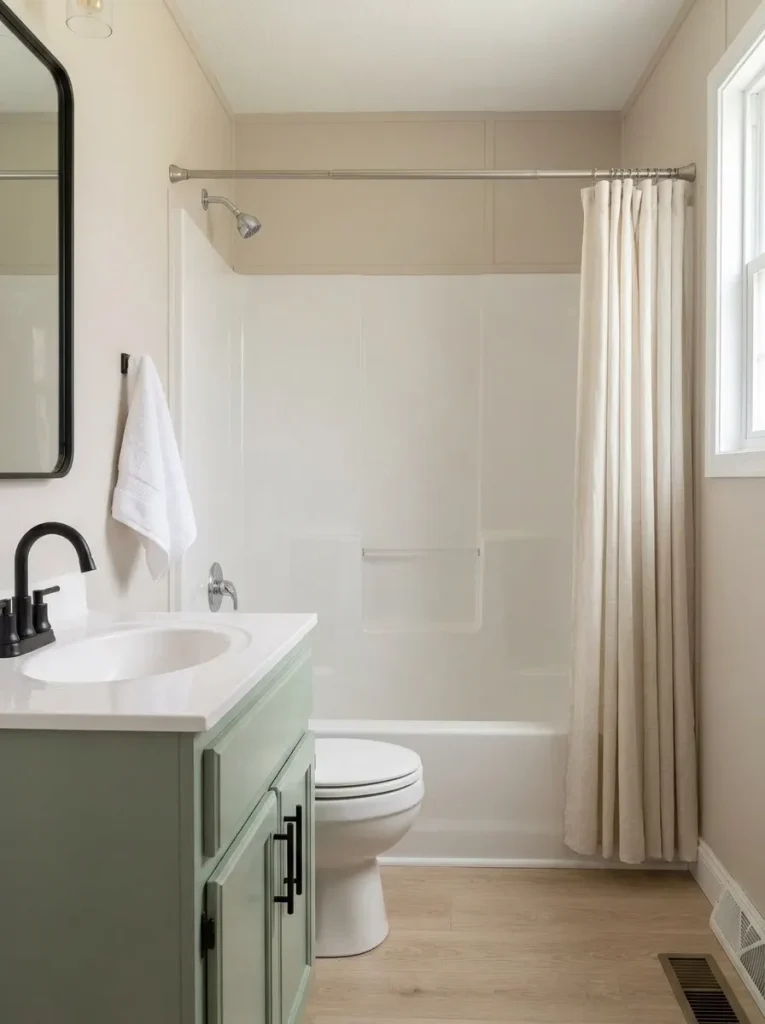 Sound mobile home tub and shower area refreshed with simpler surrounding finishes while keeping the existing wet-zone layout.