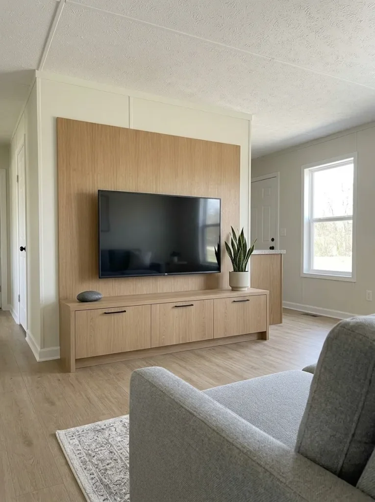 Mobile home TV wall with one warm wood backdrop connecting the screen and long console while surrounding wall space stays quiet.