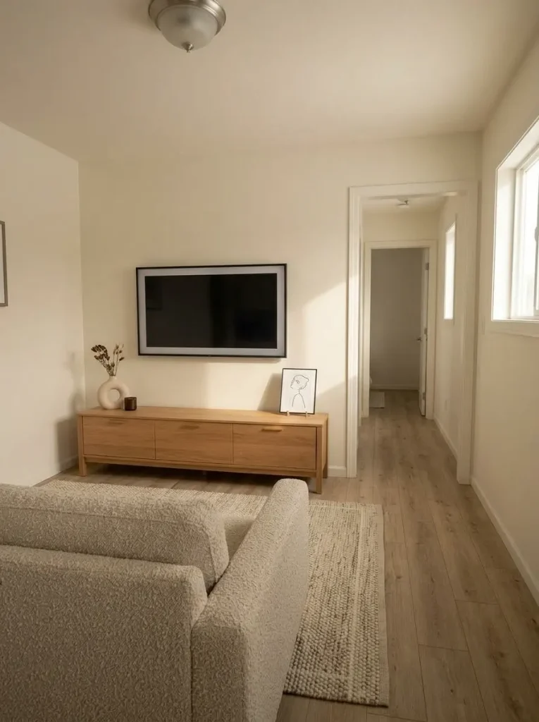 Simplified TV wall with organized cords and a low media unit creates a clearer focal point in a mobile home living room.