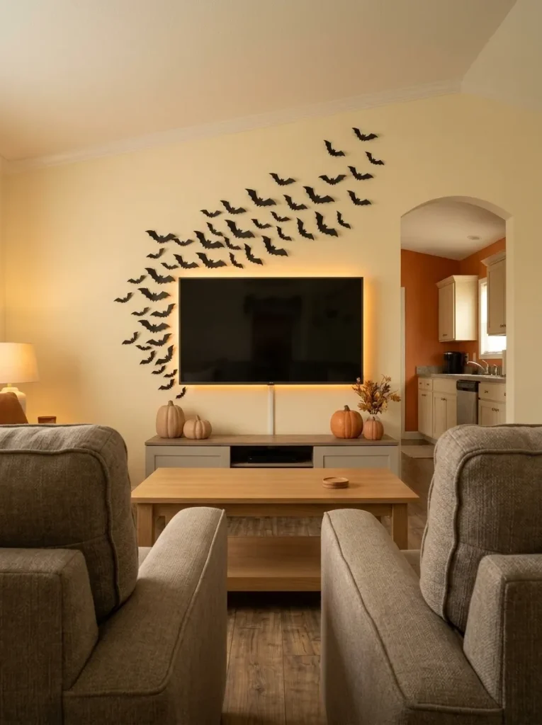 Mobile home TV wall used as the single main Halloween focal scene with amber lights, black bats and a few pumpkins.