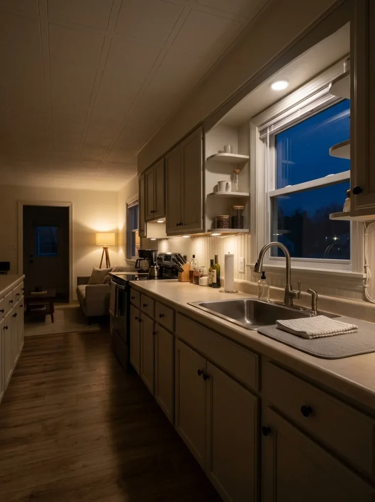 Plug-in under-cabinet lighting brightens the work surface and adds depth to a mobile home kitchen at night.
