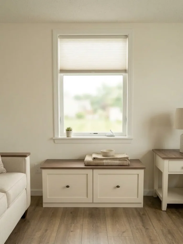 Keeping the storage below the sill adds useful capacity without turning the window wall into a heavy cabinet composition.