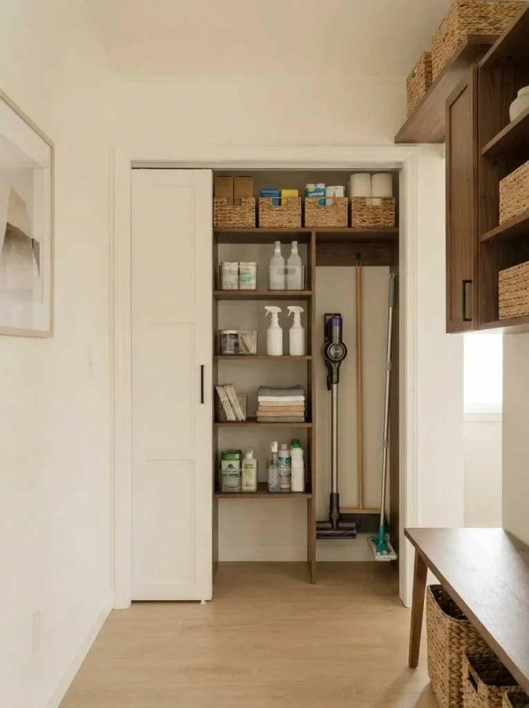 Full-height mobile home utility closet with upper backstock, easy-reach cleaning supplies and a dedicated vertical bay for long cleaning tools.