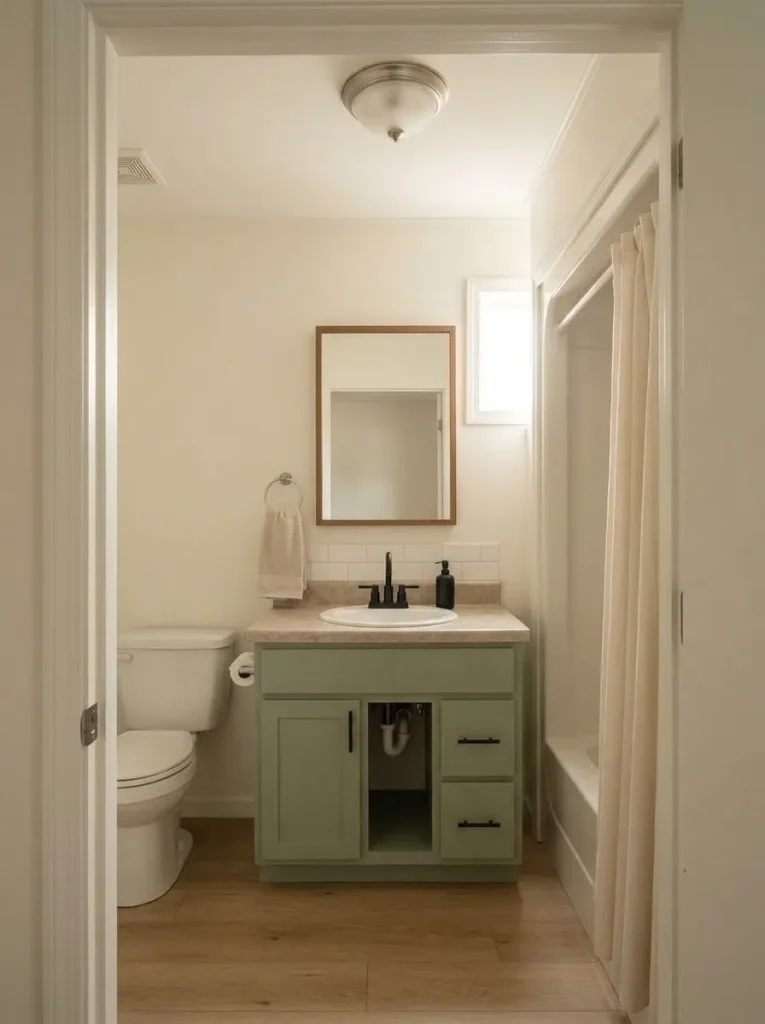 Refreshed sage vanity and framed mirror create a finished focal point in a small mobile home bathroom.