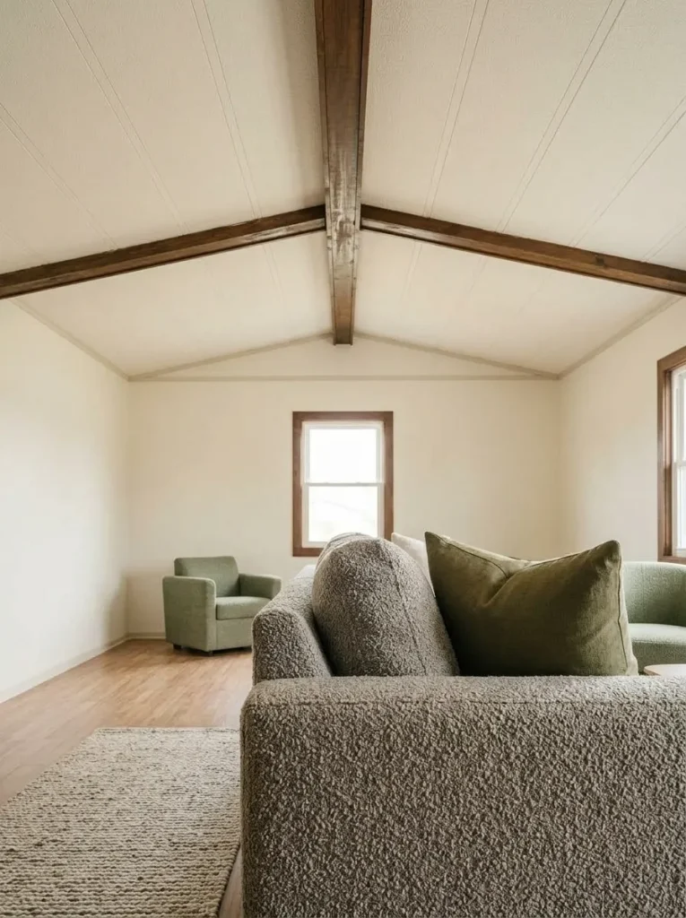 Mobile-home living room with a light vaulted ceiling and preserved dark wood beams.