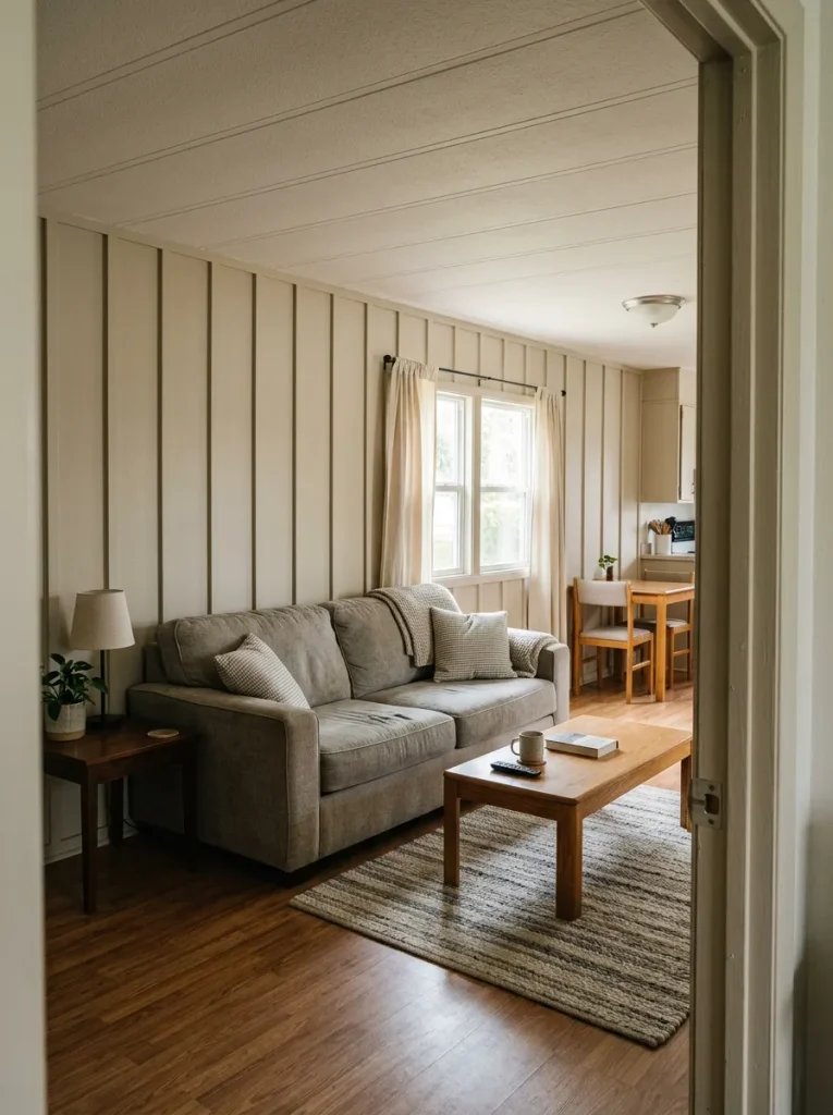 Mobile-home living room with original wall battens integrated into a subtle vertical grid.
