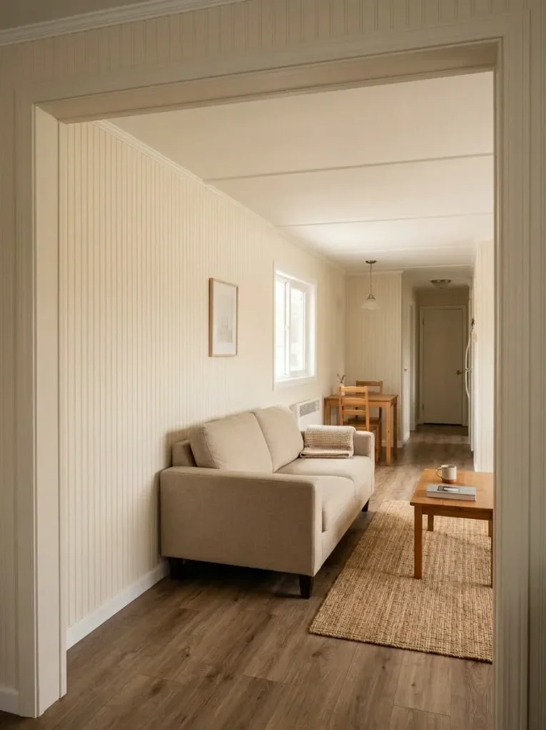 Original mobile home wall battens painted to match the wall so the vertical seams visually recede.