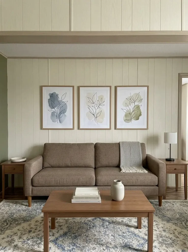 Mobile home sofa wall styled with one balanced art composition instead of scattered small wall decor.
