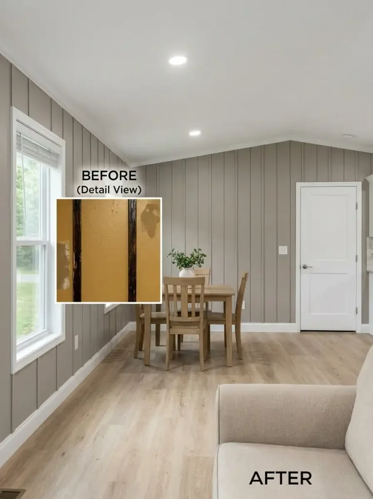 Mobile home wall battens before and after a coordinated wall finish makes seams less visually dominant.